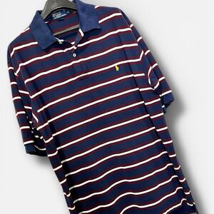 Polo Ralph Lauren Polo Shirt Navy Blue Burgundy White Stripes Mens Sz XLT - TALL